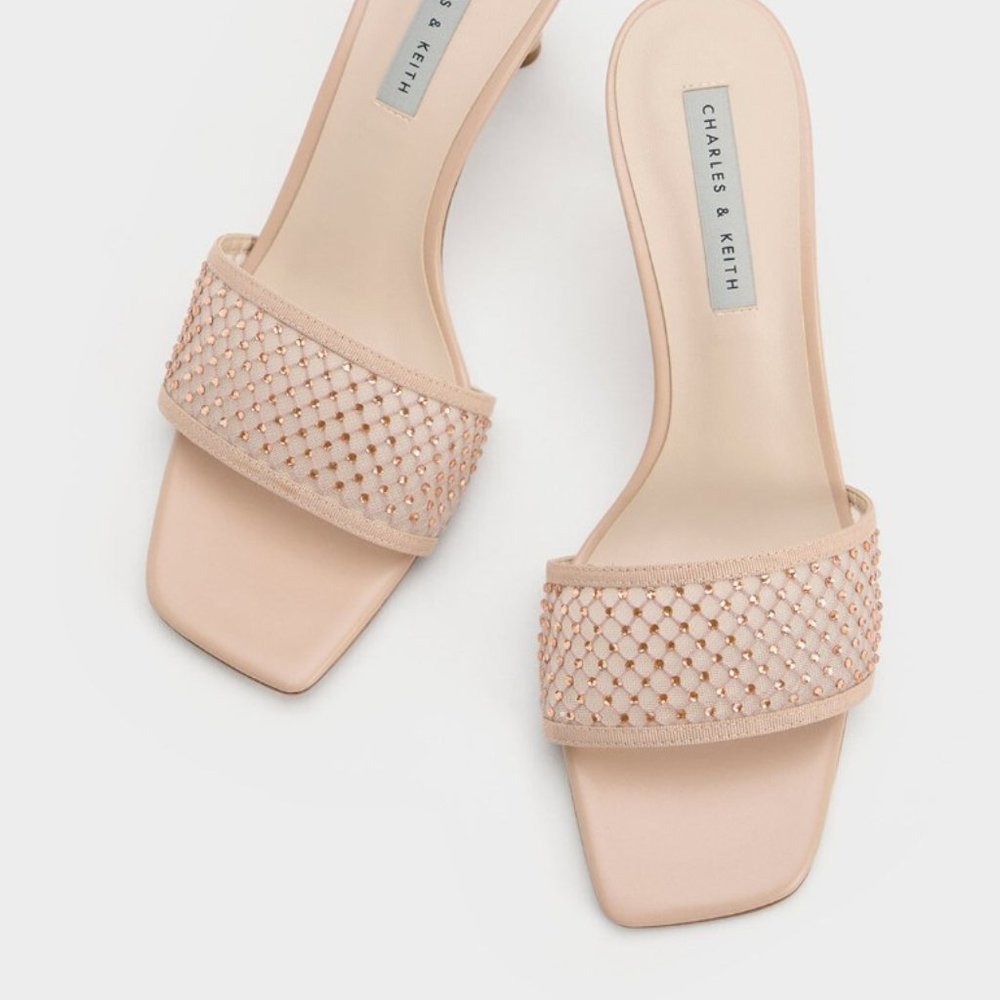 Gem-Encrusted Cylindrical Heel Mesh Sandals - Nude